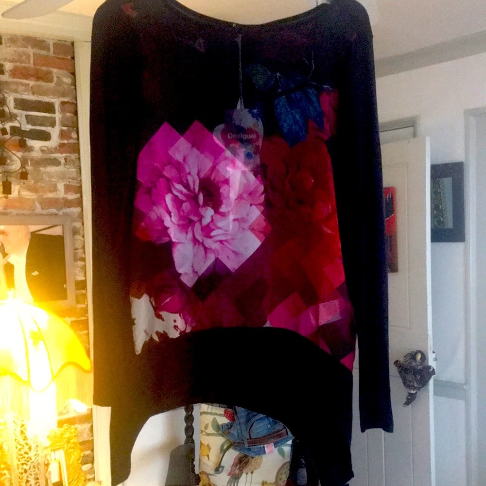 Desigual long sleeve floral illusion top, new/tags